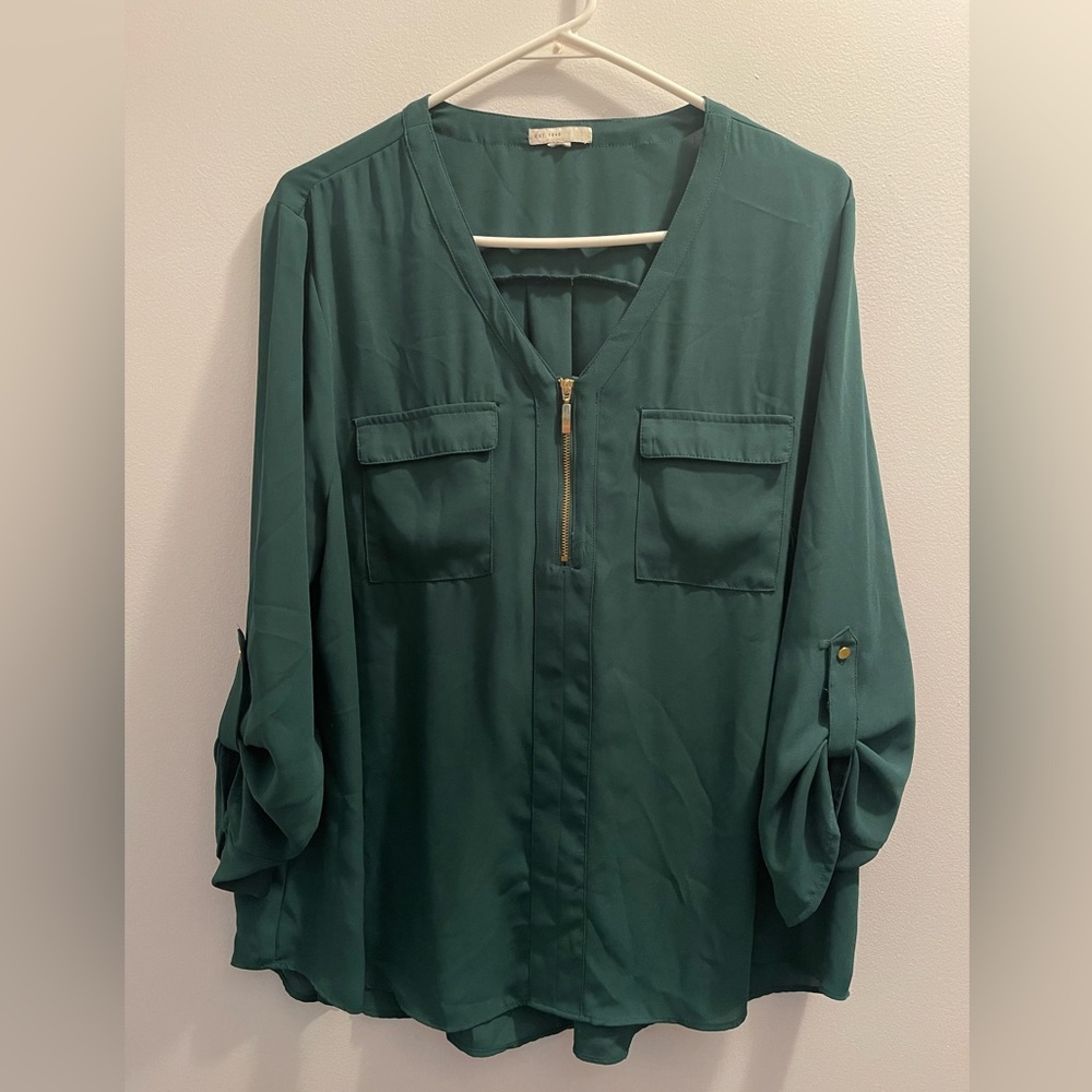 V-Neck Long-Sleeve Blouse with Gold Zip in Teal Green